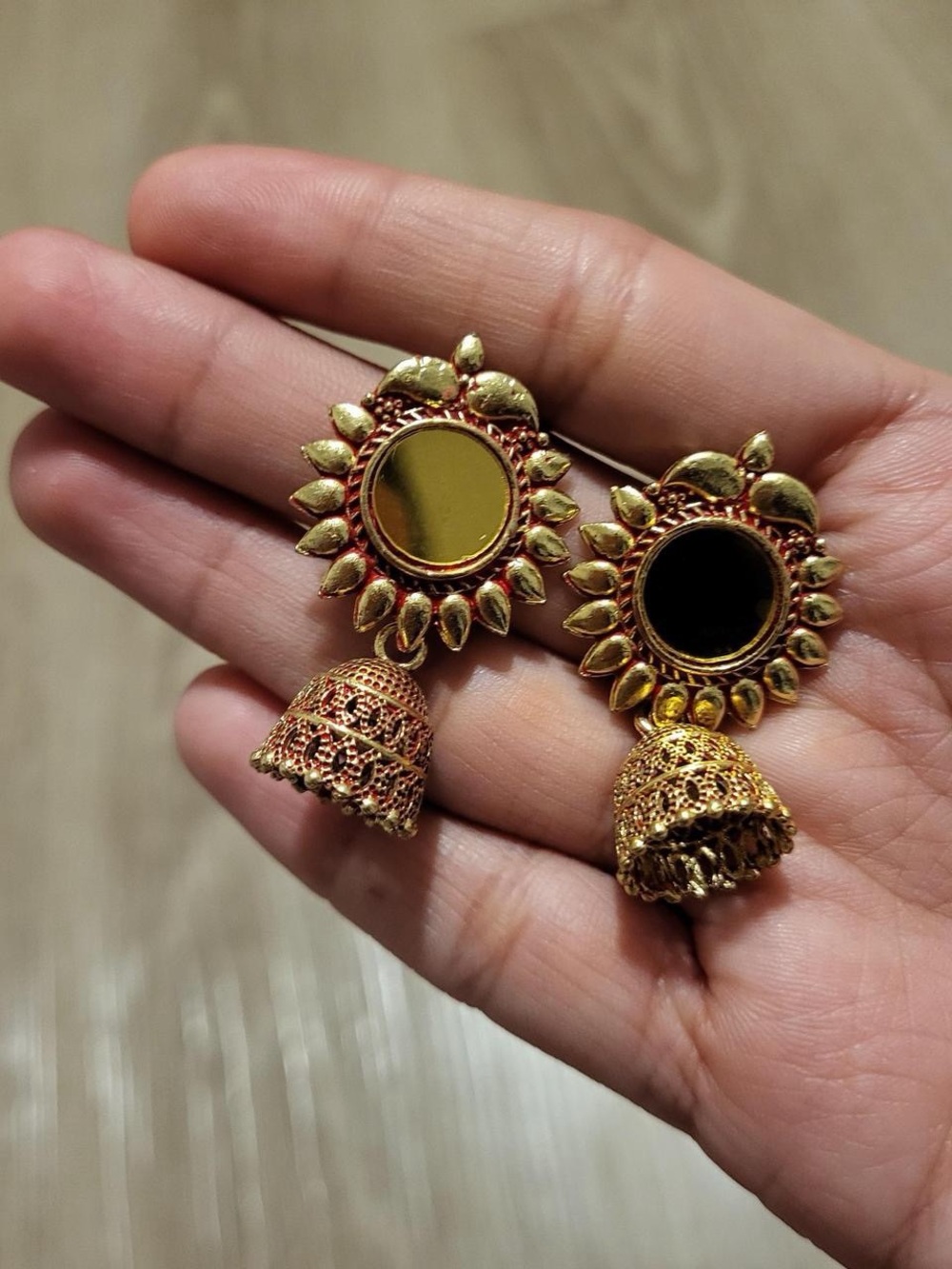 Gold Mirror Jhumka Earrings - Traditional Sunburst Design